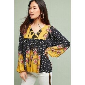 Farm Rio XS Anthropologie Intarsia Peasant Blouse